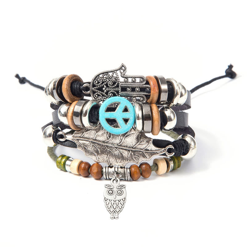 Bracelet en cuir tressé multicouche Boho Hamsa Olivenorma