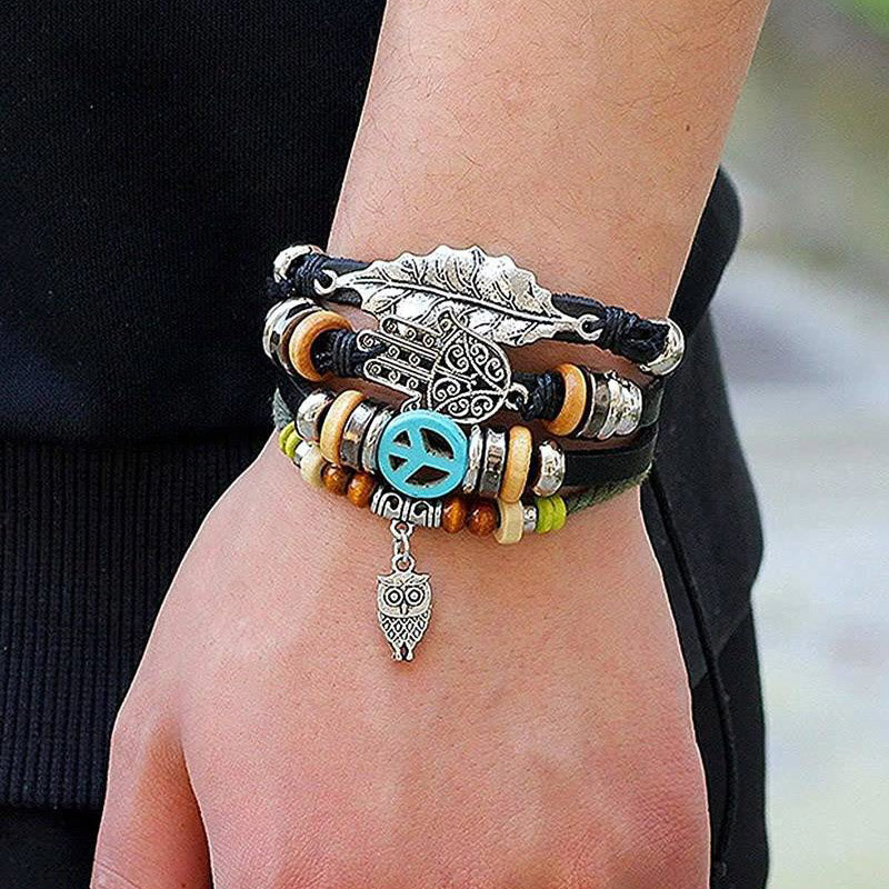 Bracelet en cuir tressé multicouche Boho Hamsa Olivenorma