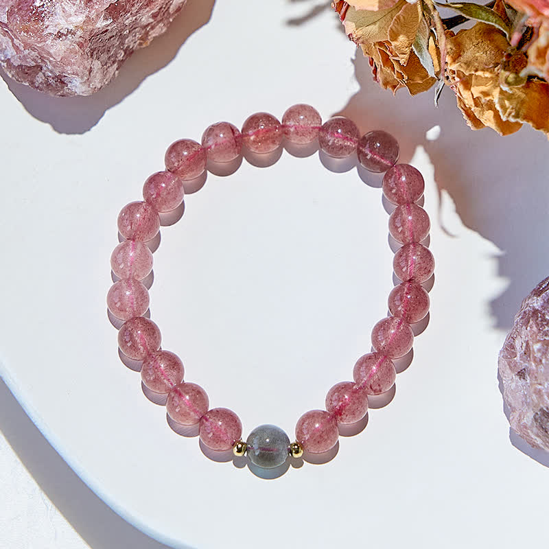 Bracelet en perles de quartz fraise et de labradorite naturelles Olivenorma