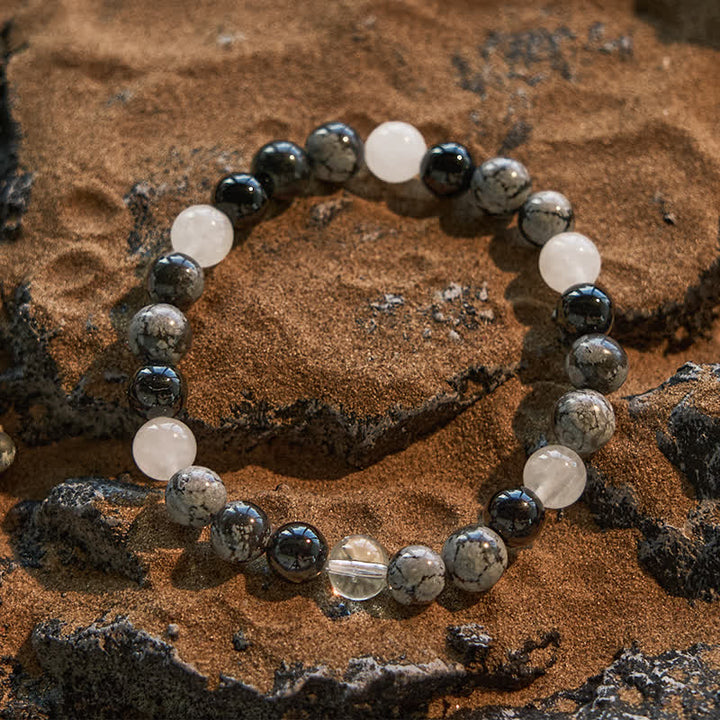 Bracelet de perles d'obsidienne en cristal transparent avec flocon de neige en obsidienne Olivenorma