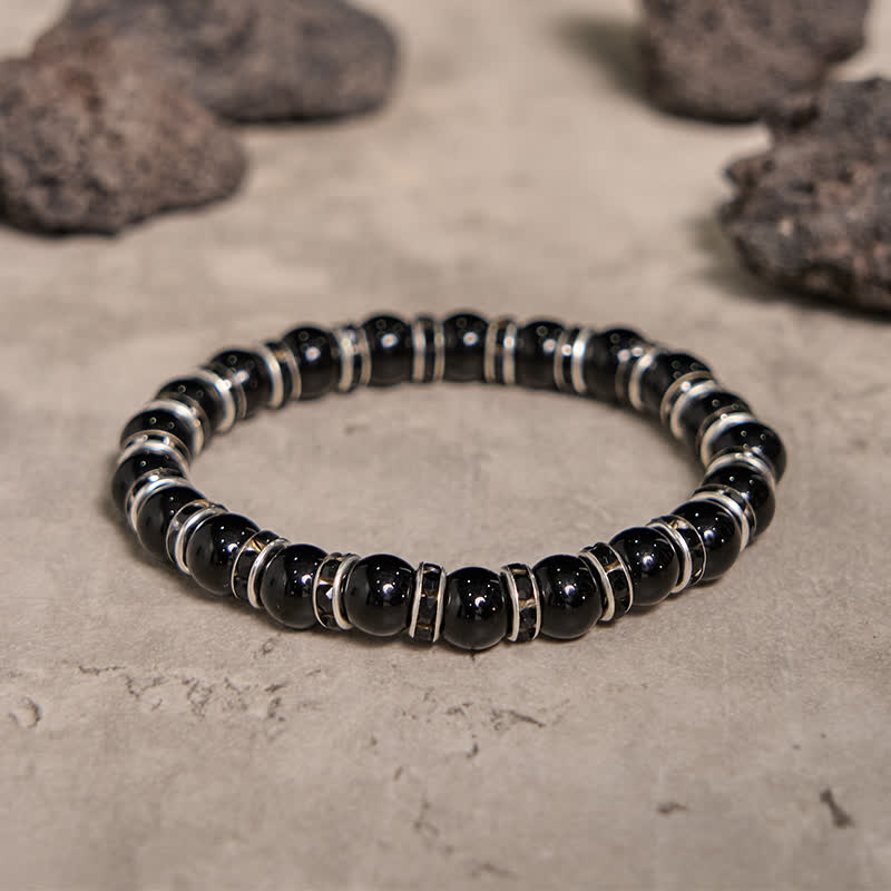 Bracelet en perles d'onyx noir naturel et zircon blanc Olivenorma