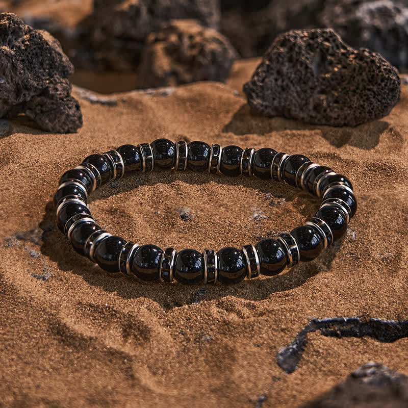 Bracelet en perles d'onyx noir naturel et zircon blanc Olivenorma