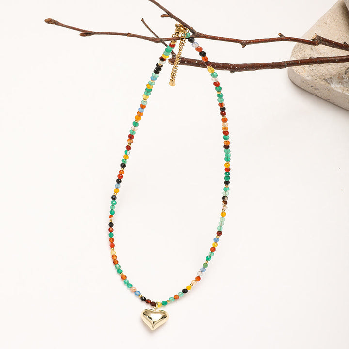 Collier de perles à breloque en forme de cœur en pierres précieuses naturelles roses Olivenorma