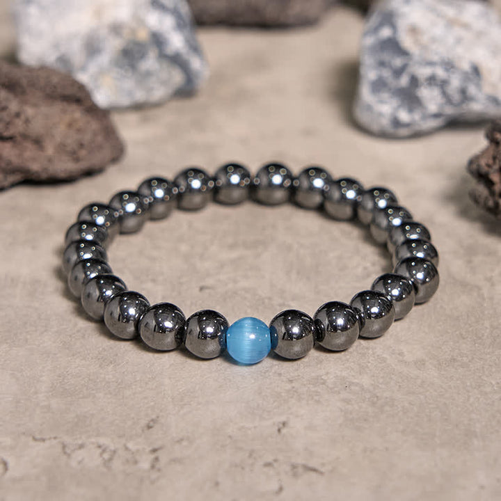 Bracelet de perles en pierre œil de chat bleu hématite Olivenorma