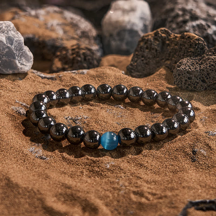 Bracelet de perles en pierre œil de chat bleu hématite Olivenorma