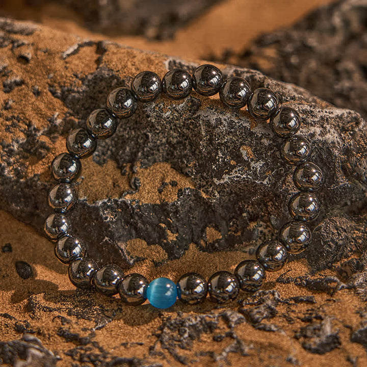 Bracelet de perles en pierre œil de chat bleu hématite Olivenorma