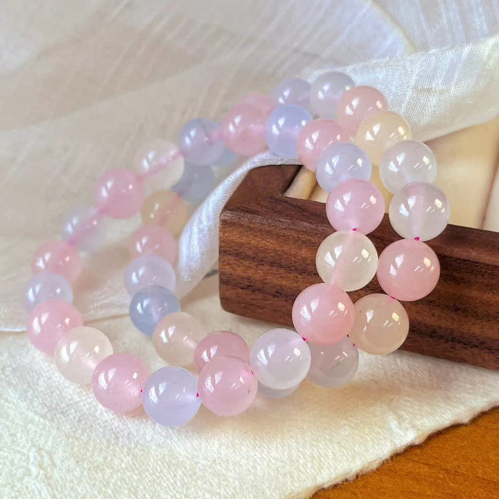 Bracelet en perles de calcédoine bleue et de quartz rose naturel Olivenorma
