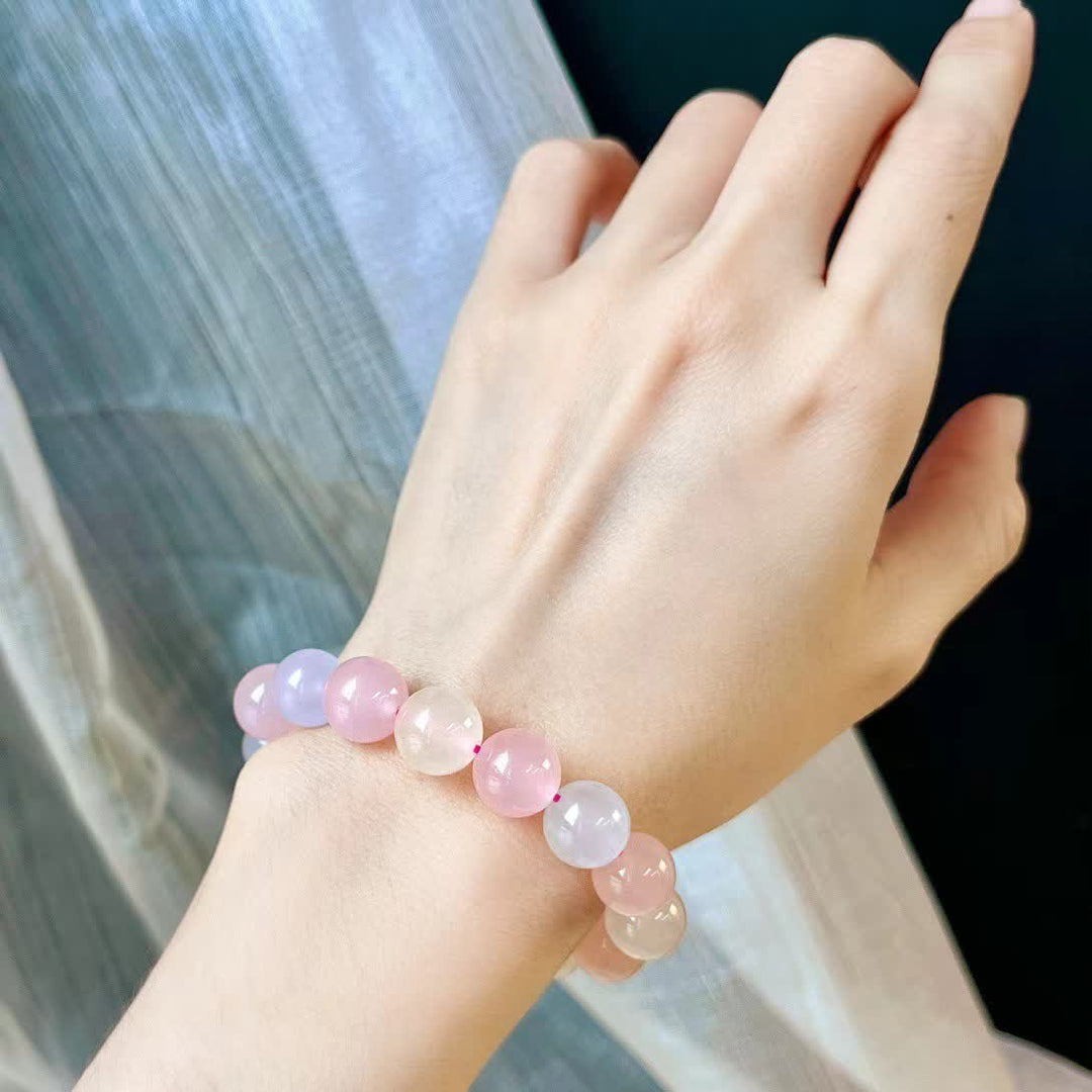 Bracelet en perles de calcédoine bleue et de quartz rose naturel Olivenorma
