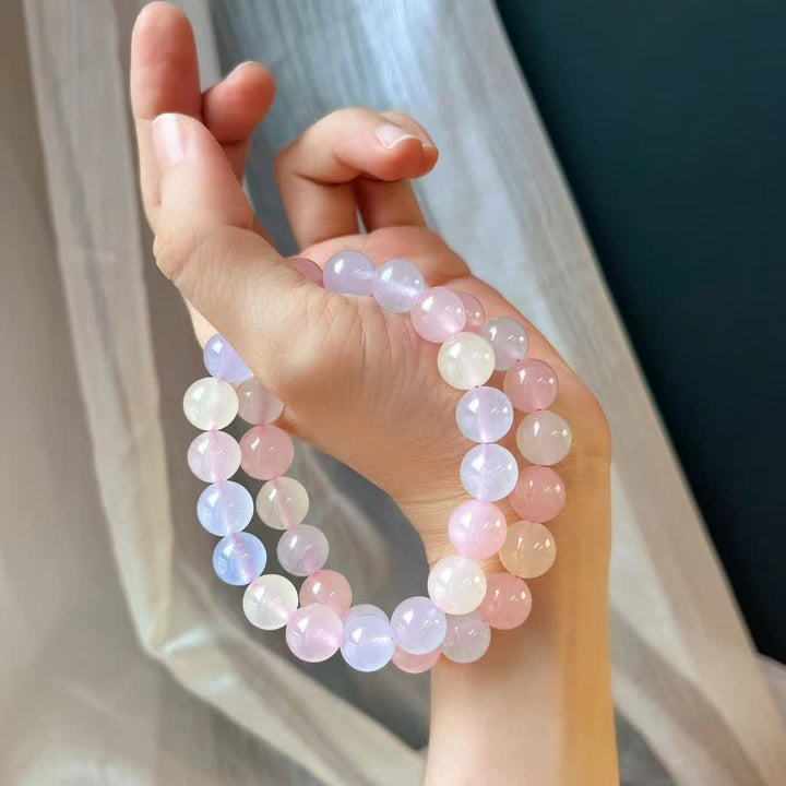 Bracelet en perles de calcédoine bleue et de quartz rose naturel Olivenorma