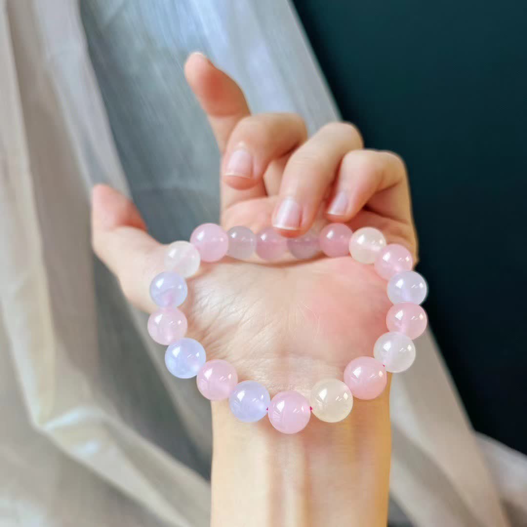 Bracelet en perles de calcédoine bleue et de quartz rose naturel Olivenorma