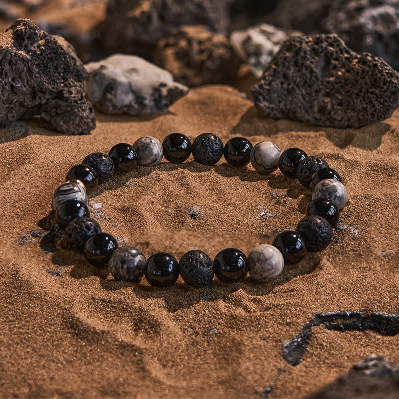Bracelet de perles en pierre de lave obsidienne et jaspe gris Olivenorma