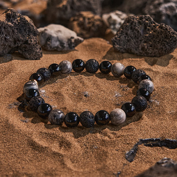 Bracelet de perles en pierre de lave obsidienne et jaspe gris Olivenorma