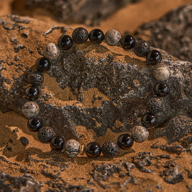 Bracelet de perles en pierre de lave obsidienne et jaspe gris Olivenorma