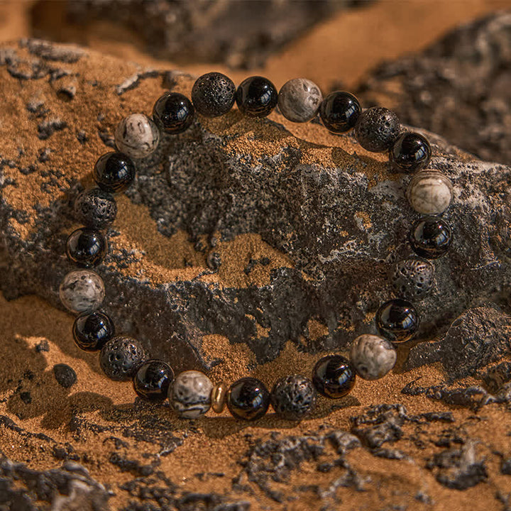 Bracelet de perles en pierre de lave obsidienne et jaspe gris Olivenorma
