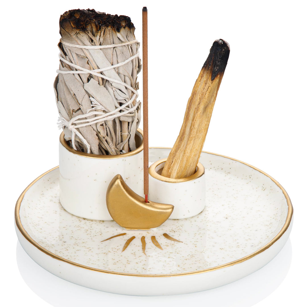 Porte-encens en céramique avec base en bois sacré Olivenorma Moon