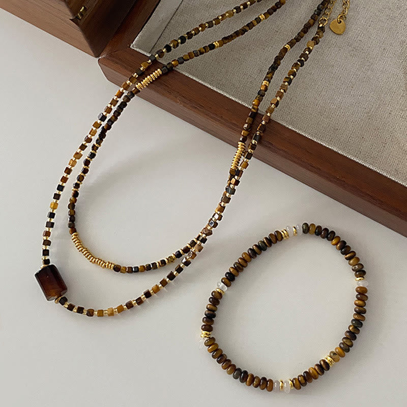 Ensemble de bijoux avec bracelet et collier en perles de pierre œil de tigre Olivenorma