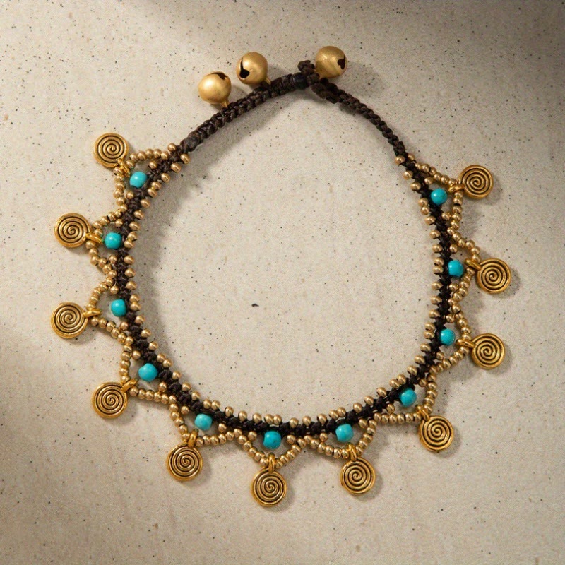 Bracelet de cheville tissé à pampilles turquoise style bohème Olivenorma