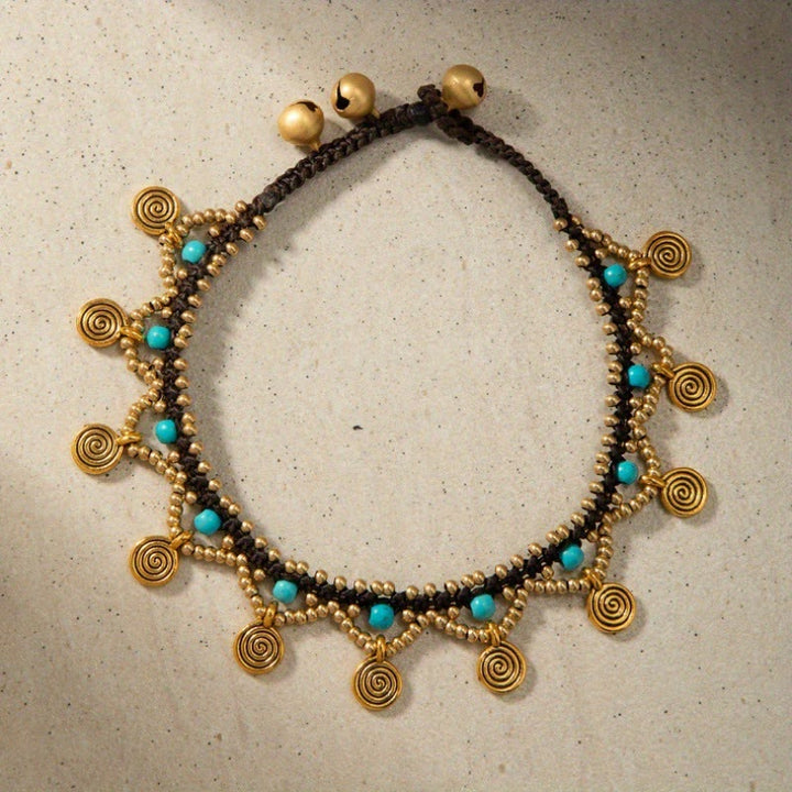Bracelet de cheville tissé à pampilles turquoise style bohème Olivenorma