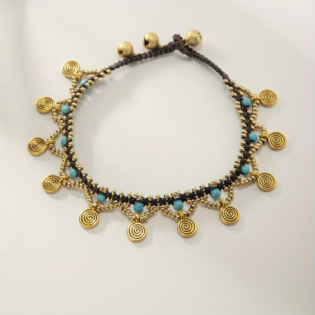 Bracelet de cheville tissé à pampilles turquoise style bohème Olivenorma