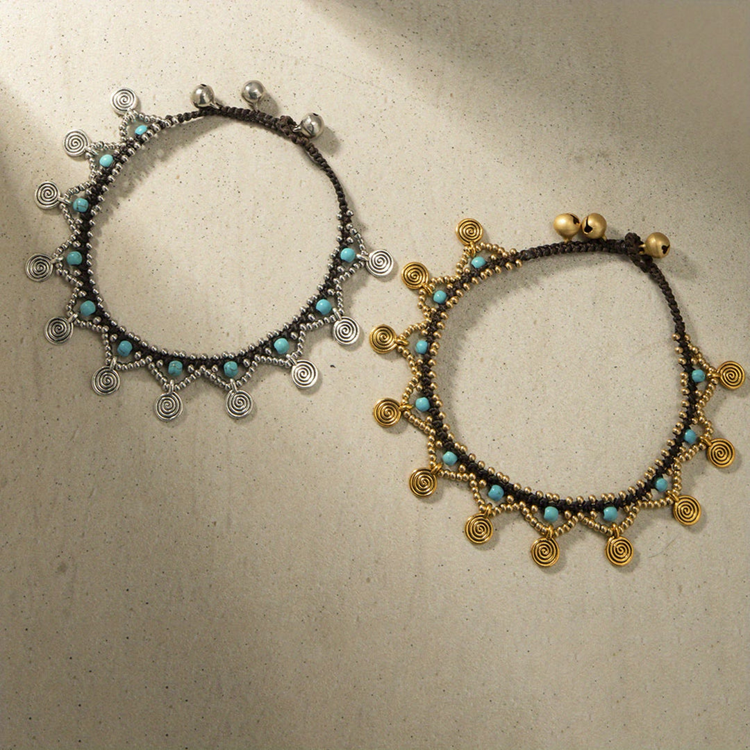 Bracelet de cheville tissé à pampilles turquoise style bohème Olivenorma