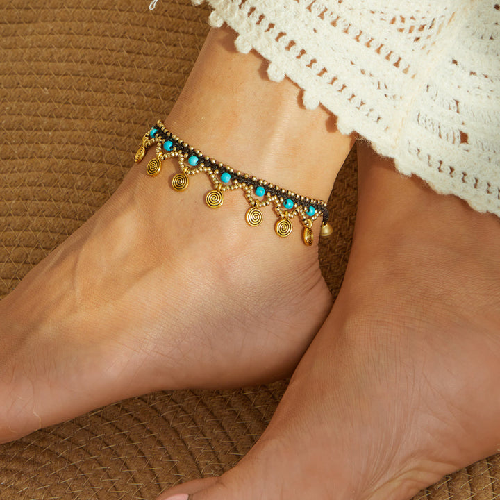 Bracelet de cheville tissé à pampilles turquoise style bohème Olivenorma