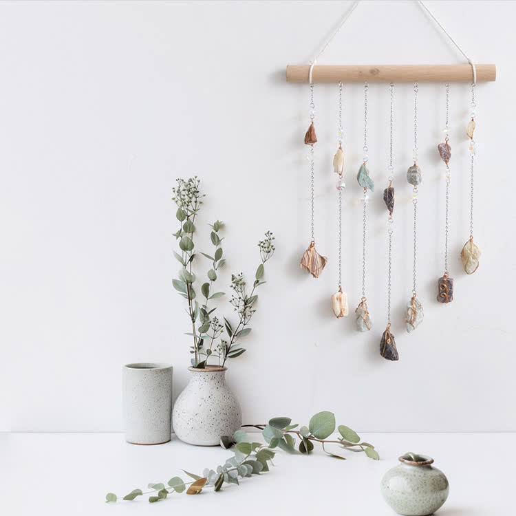 Rideau de porte en perles de pierre naturelle Olivenorma avec carillon éolien