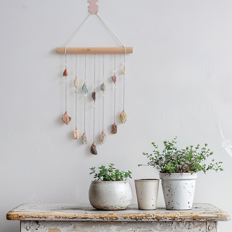 Rideau de porte en perles de pierre naturelle Olivenorma avec carillon éolien