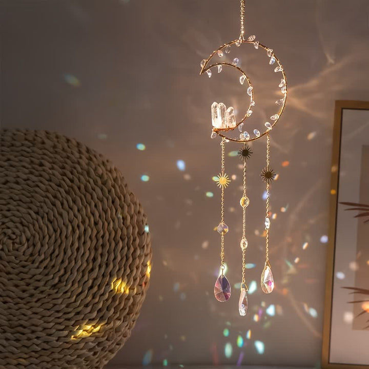 Carillon éolien en cristal transparent avec bourgeon de cristal et lune Olivenorma