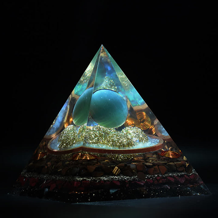 Pyramide d'orgone en pierre œil de chat bleu Olivenorma 14 cm