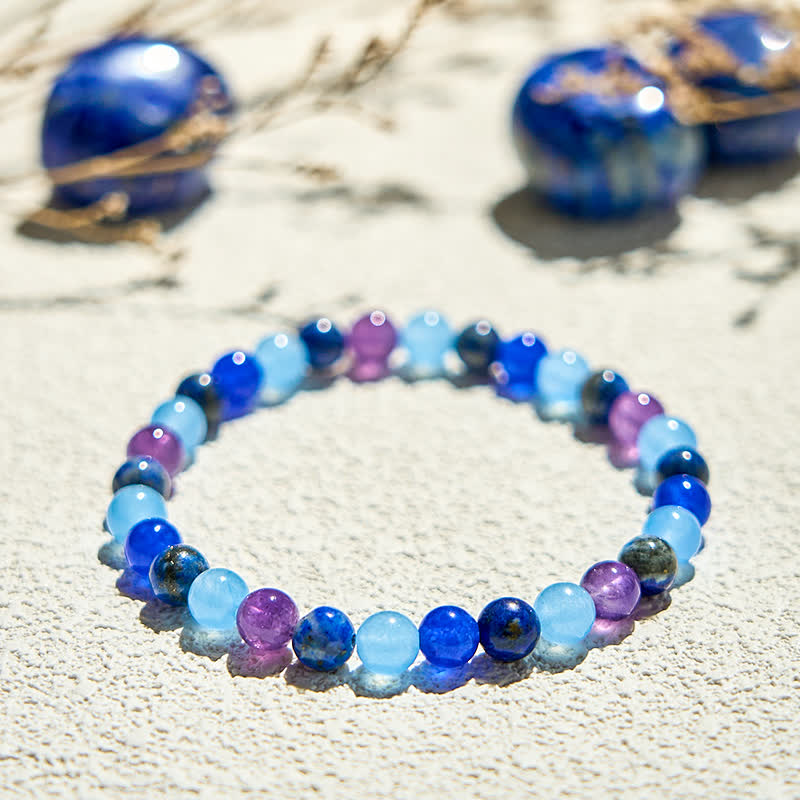 Bracelet de perles en améthyste naturelle, aigue-marine et lapis-lazuli Olivenorma