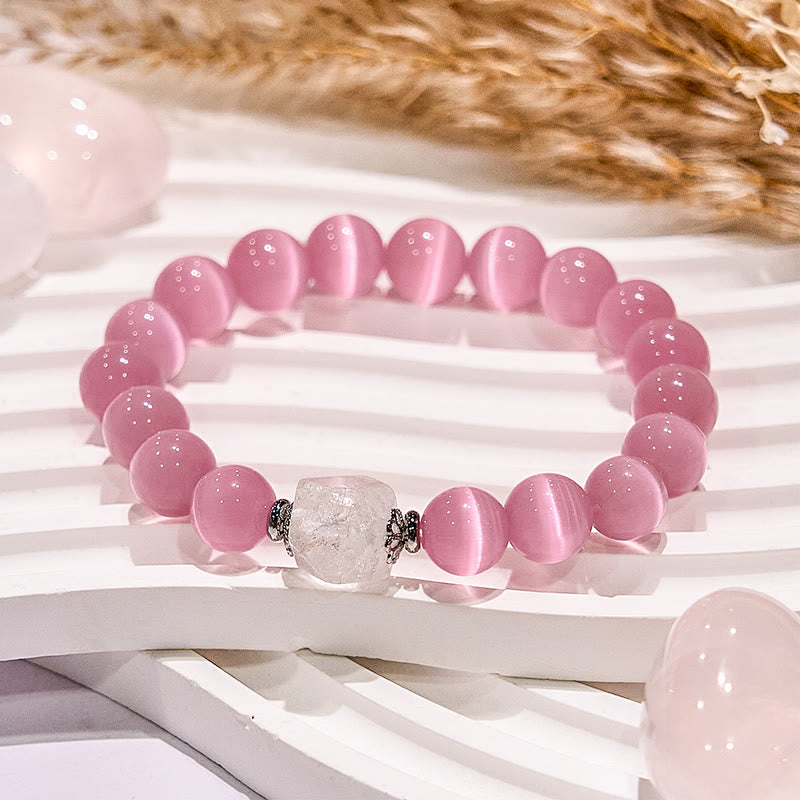 Bracelet en perles de pierre œil de chat rose pailleté Olivenorma