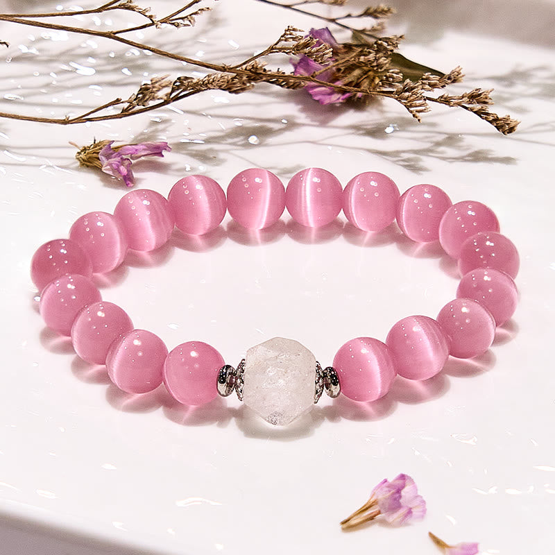 Bracelet en perles de pierre œil de chat rose pailleté Olivenorma