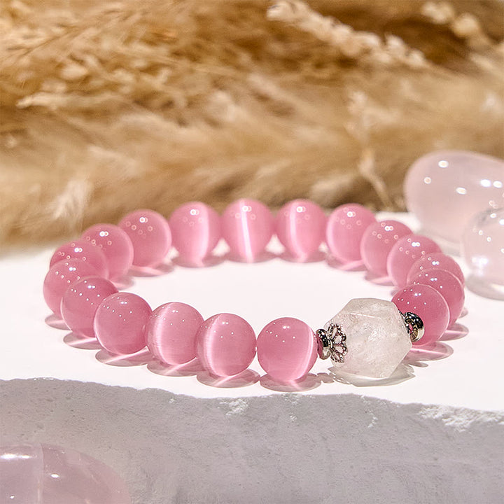 Bracelet en perles de pierre œil de chat rose pailleté Olivenorma