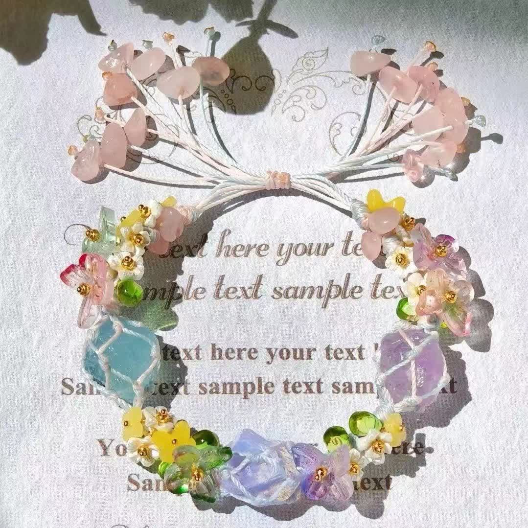 Bracelet tressé en cristal d'opalite et de quartz rose aigue-marine Olivenorma