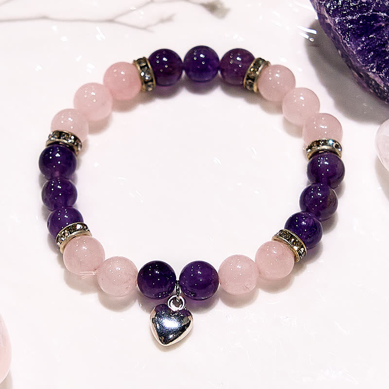 Bracelet à breloques en forme de cœur en quartz rose et améthyste Olivenorma