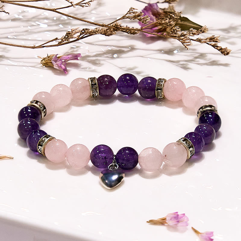 Bracelet à breloques en forme de cœur en quartz rose et améthyste Olivenorma