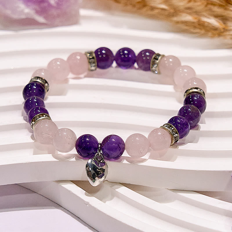Bracelet à breloques en forme de cœur en quartz rose et améthyste Olivenorma