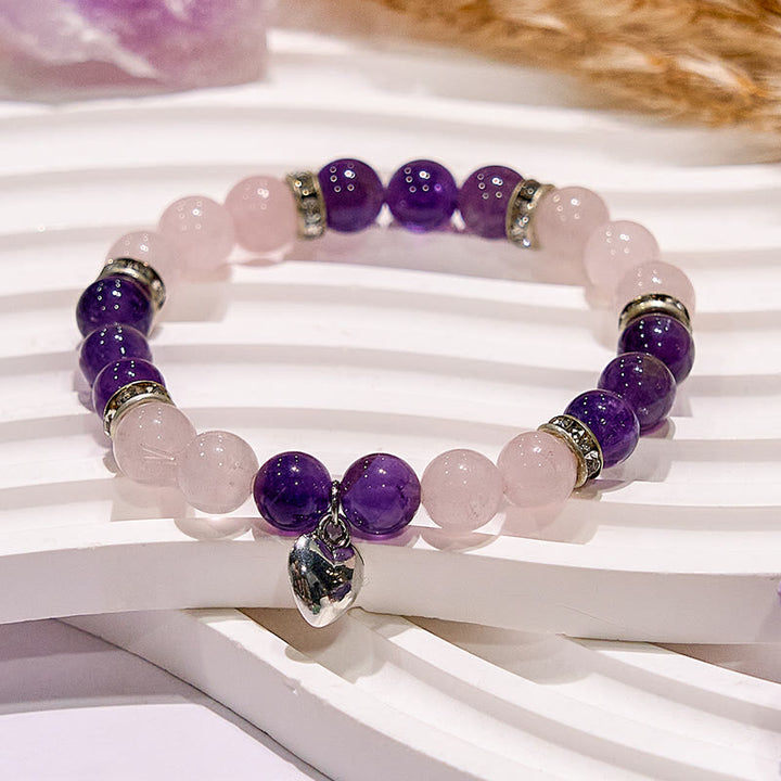Bracelet à breloques en forme de cœur en quartz rose et améthyste Olivenorma