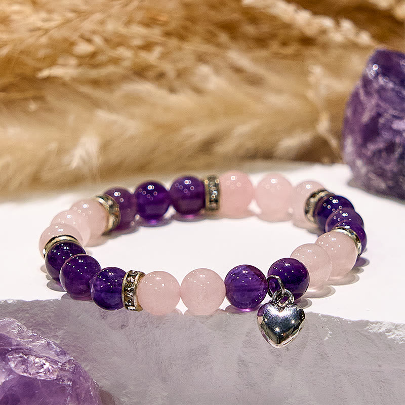 Bracelet à breloques en forme de cœur en quartz rose et améthyste Olivenorma