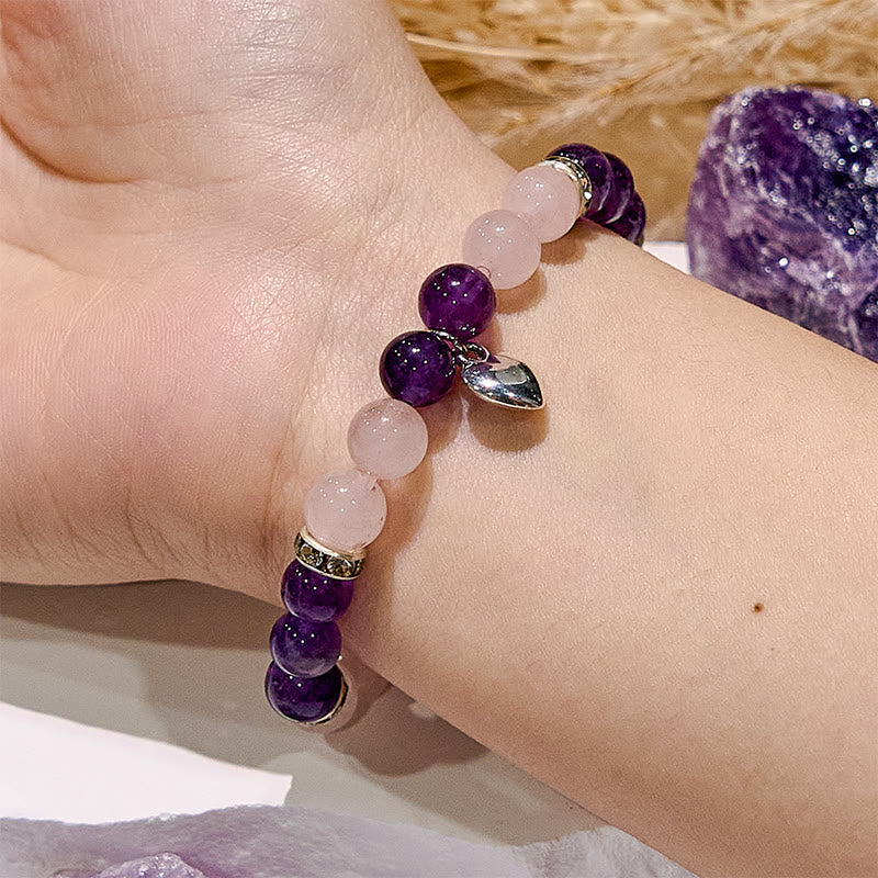 Bracelet à breloques en forme de cœur en quartz rose et améthyste Olivenorma