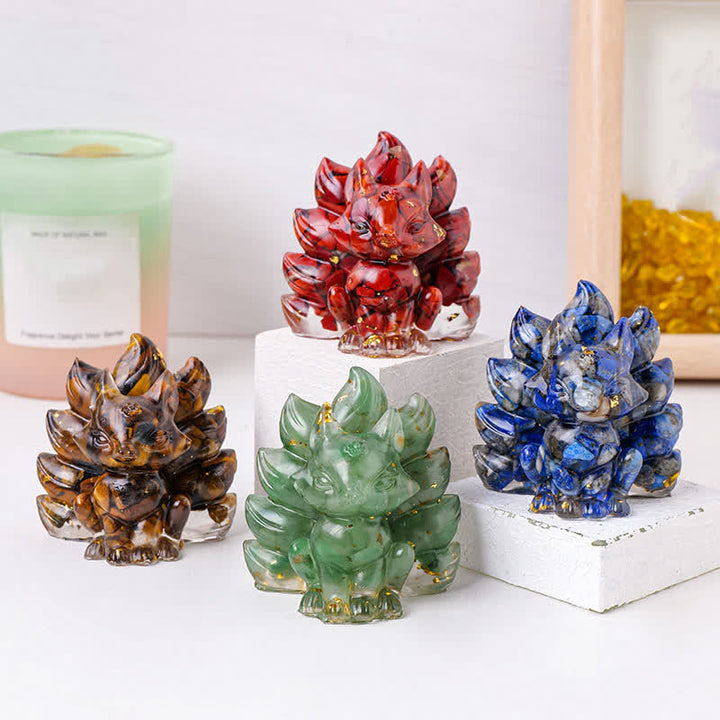 Décoration en pierre précieuse sculptée en résine de cristal Olivenorma représentant un renard à neuf queues