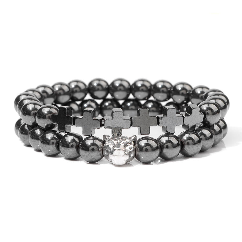 Bracelet à perles en pierres précieuses avec breloque en forme de croix et tête de léopard Olivenorma, 2 pièces