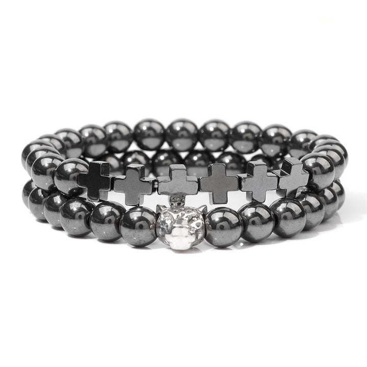 Bracelet à perles en pierres précieuses avec breloque en forme de croix et tête de léopard Olivenorma, 2 pièces