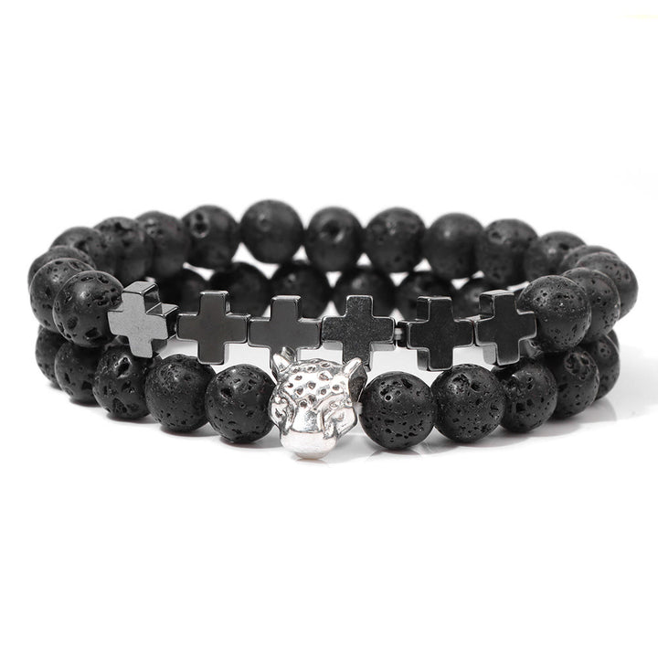 Bracelet à perles en pierres précieuses avec breloque en forme de croix et tête de léopard Olivenorma, 2 pièces