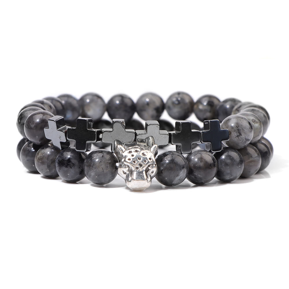 Bracelet à perles en pierres précieuses avec breloque en forme de croix et tête de léopard Olivenorma, 2 pièces