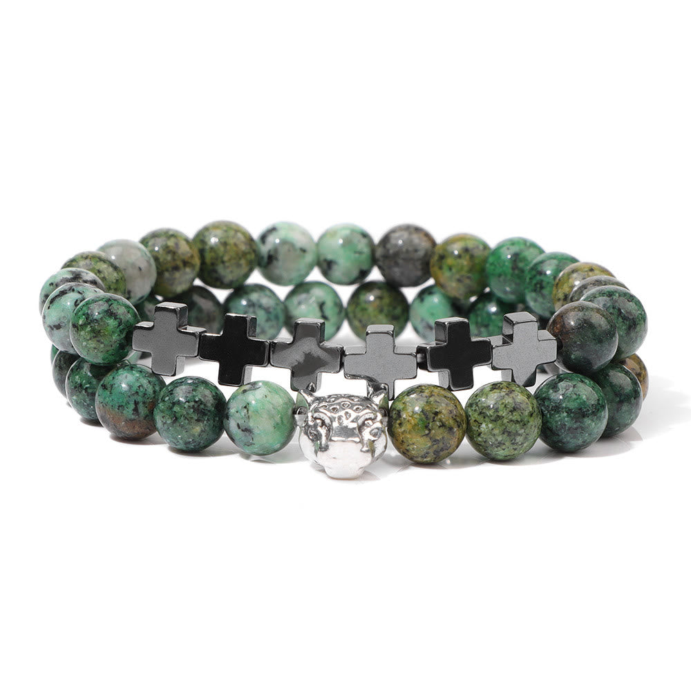 Bracelet à perles en pierres précieuses avec breloque en forme de croix et tête de léopard Olivenorma, 2 pièces