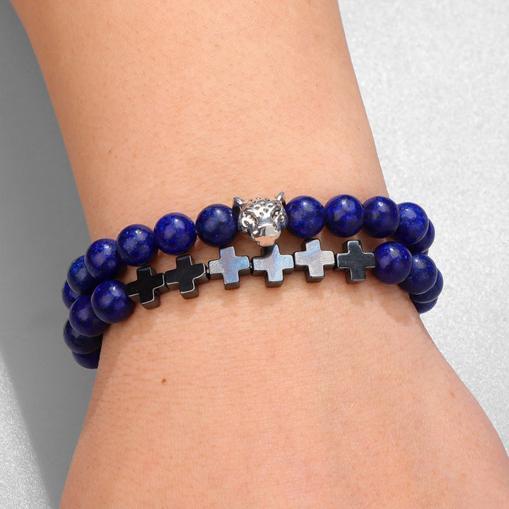 Bracelet à perles en pierres précieuses avec breloque en forme de croix et tête de léopard Olivenorma, 2 pièces