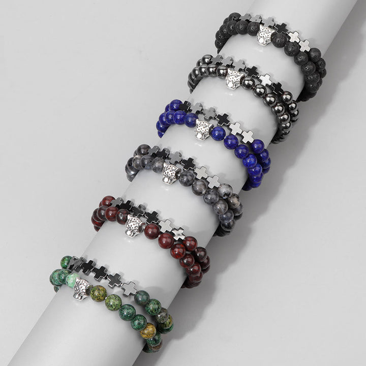 Bracelet à perles en pierres précieuses avec breloque en forme de croix et tête de léopard Olivenorma, 2 pièces