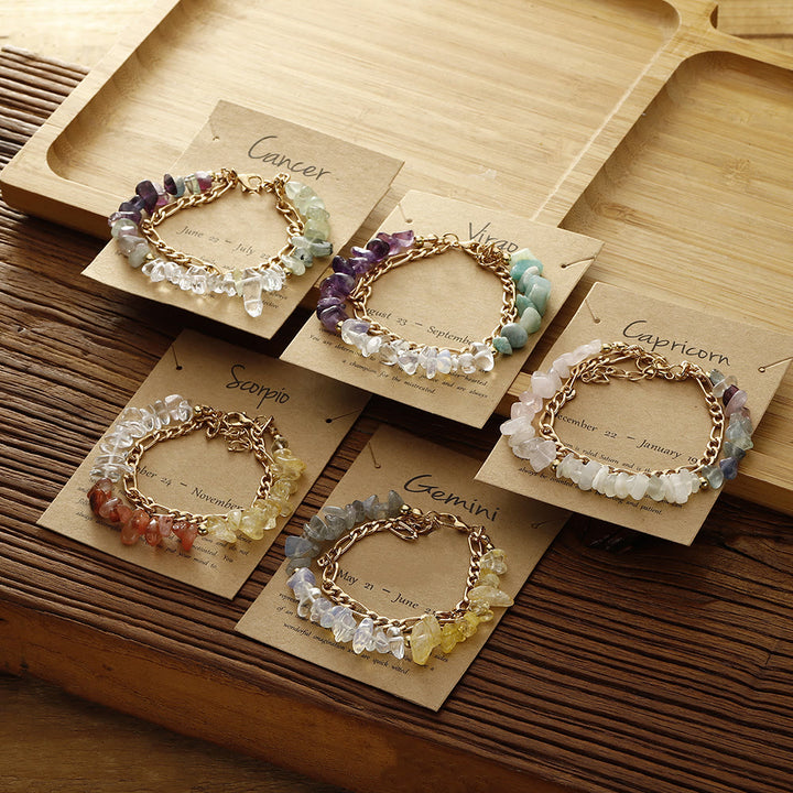 Bracelet en métal avec perles de gravier naturel Olivenorma et signe du zodiaque