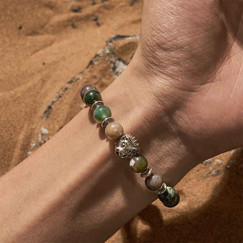 Bracelet en perles de tête de lion en métal et agate d' Olivenorma India